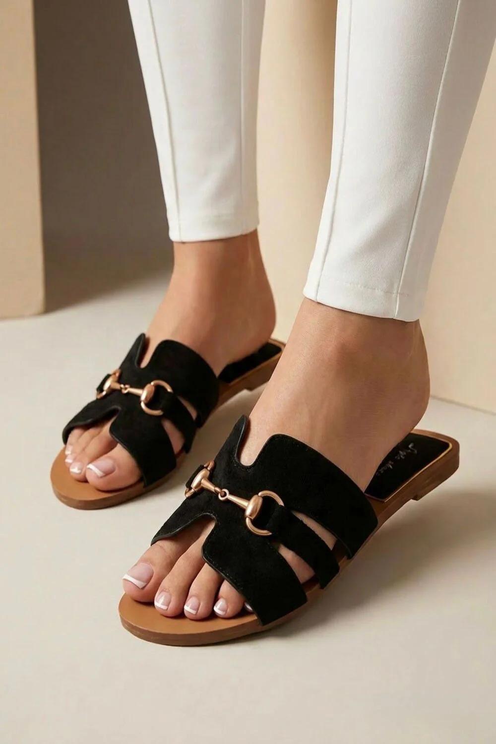 Women’s Black Horsebit Flat Slide Sandals